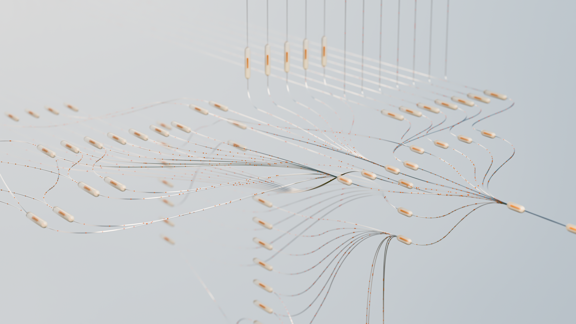 Abstract 3D visualisation of a neural network with glowing connections on a dark background